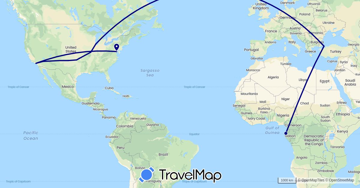 TravelMap itinerary: driving in Gabon, Turkey, United States (Africa, Asia, North America)